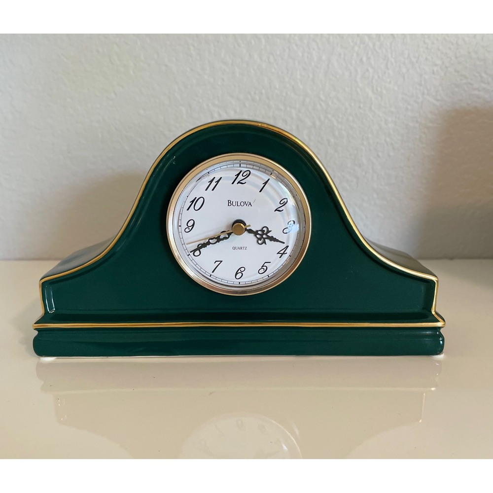Bulova Hunter Green Ceramic Mantle Clock Gold‎ Trim Quartz